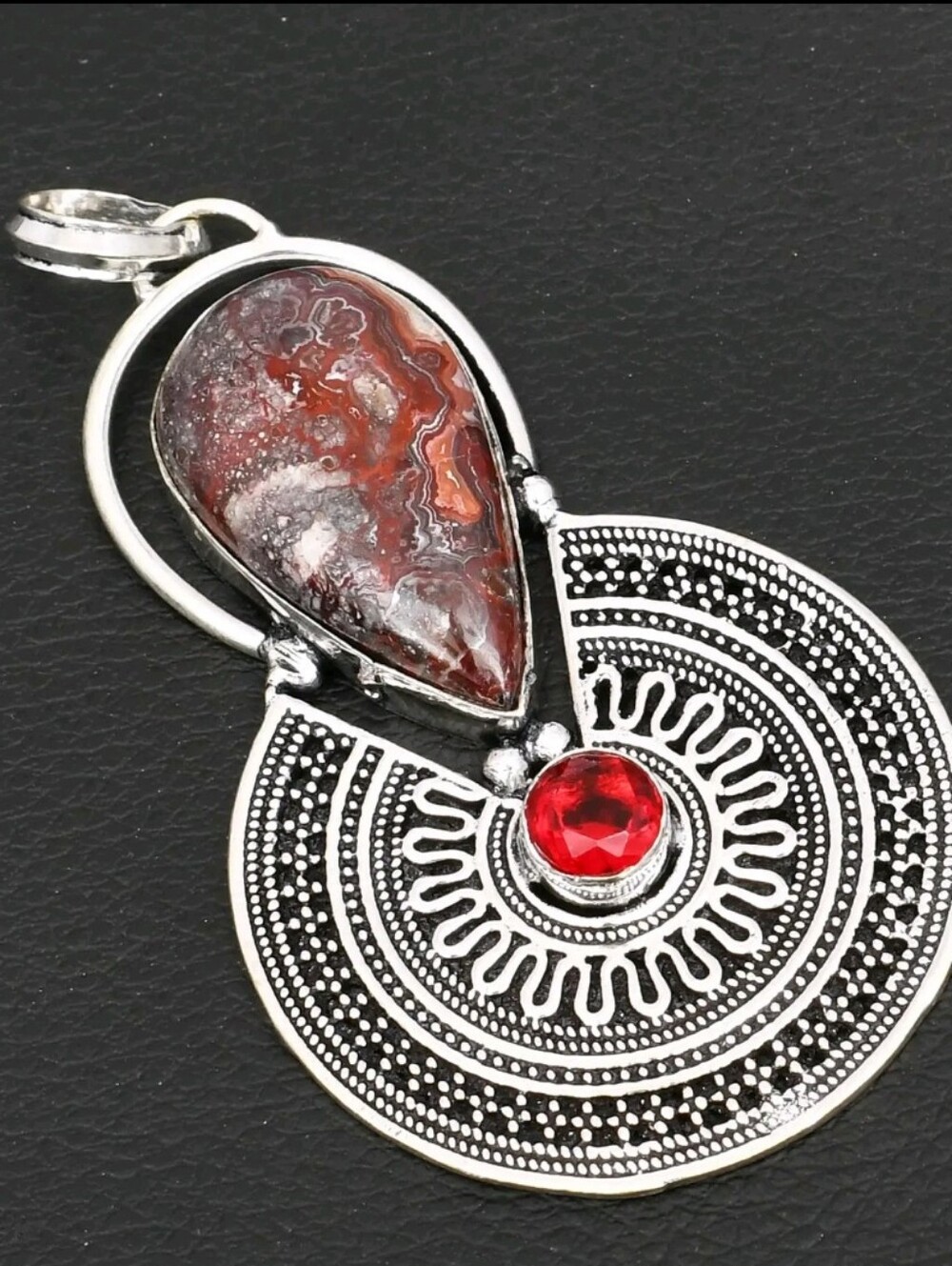 Crazy Lace Agate with Garnet 925 Sterling Silver Pendant NEW Large Statement Art